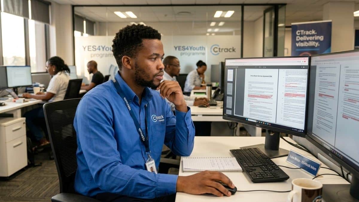 Young legal collections clerk working on documents in an office environment