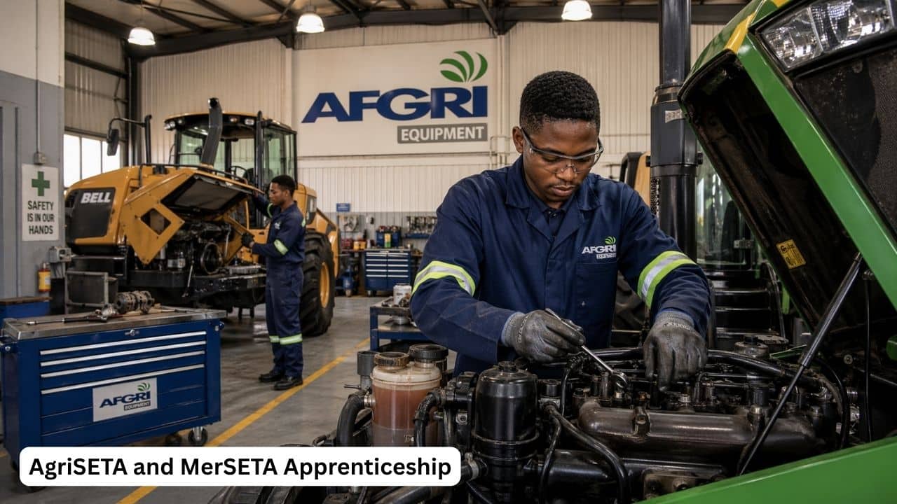 AFGRI apprentice mechanics training on tractor and earthmoving equipment in a workshop