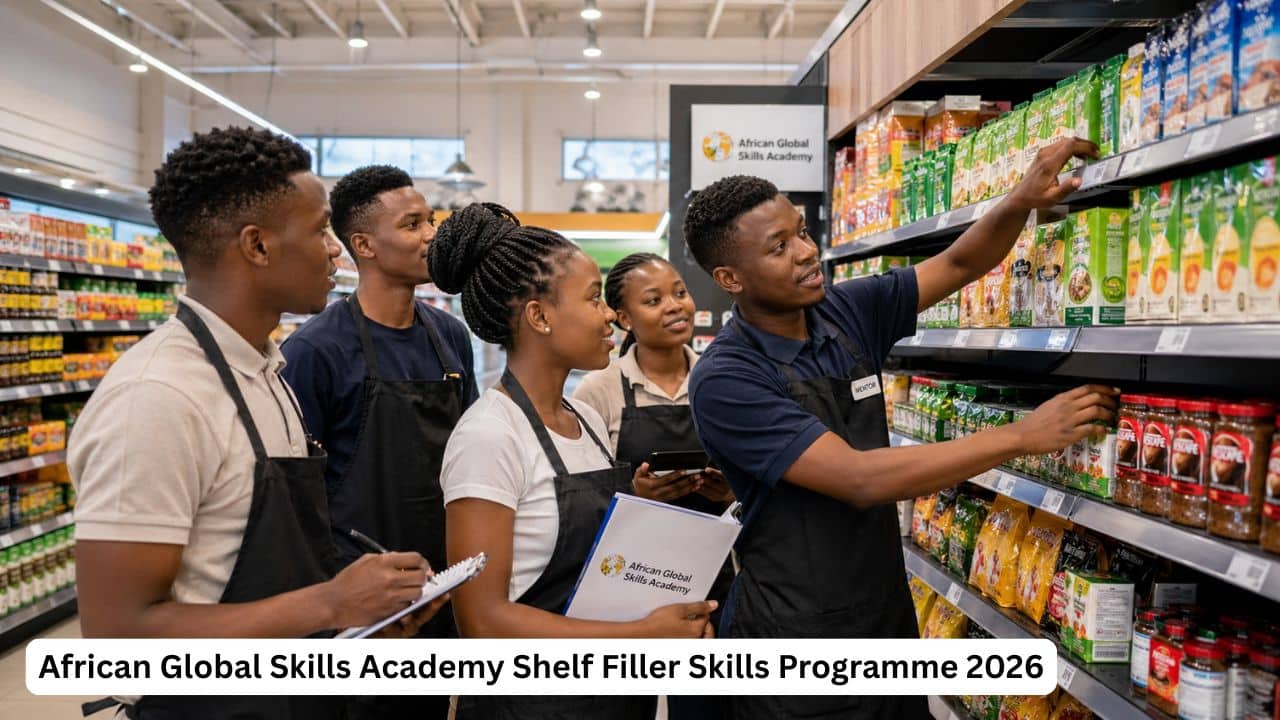 Young South African learners receiving shelf filler and merchandising training through African Global Skills Academy.