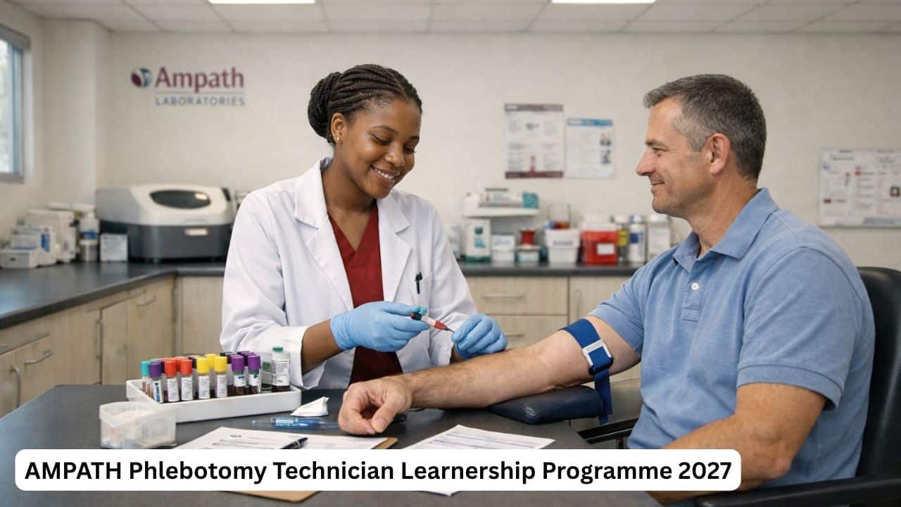 Young South African phlebotomy trainee preparing a blood sample collection in a clinical setting