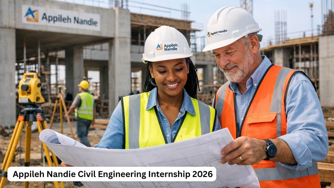 Young South African civil engineering graduate reviewing site plans during an Appileh Nandie internship opportunity