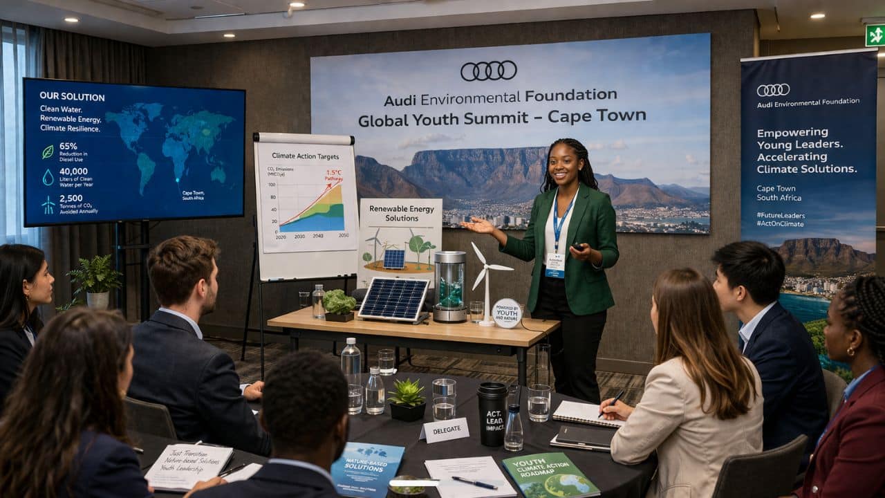 Young climate leader at a global summit for the Audi Environmental Foundation Scholarship 2026