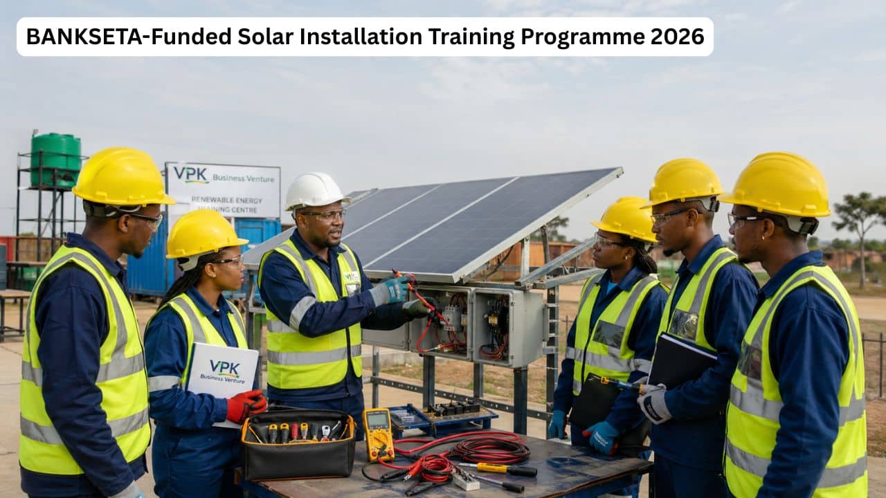Young South African learners receiving solar installation training through a BANKSETA-funded renewable energy programme.