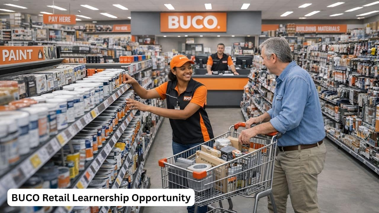 Young South African retail learnership participant assisting inside a BUCO store
