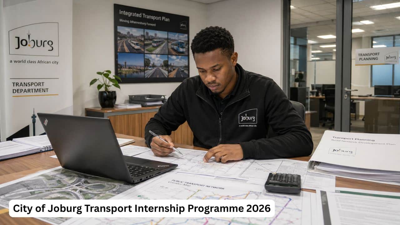 Young South African transport planning intern reviewing municipal infrastructure and road planning documents.
