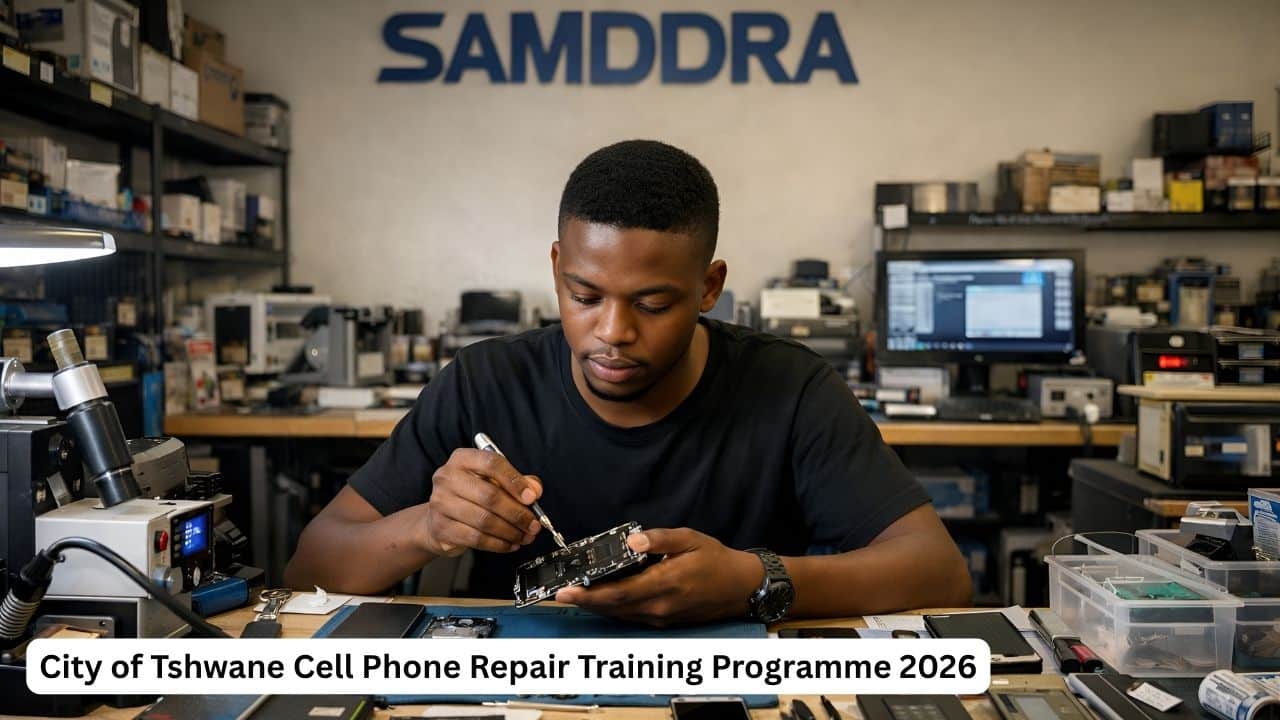 Informal mobile repair technician in Pretoria West working on a smartphone for the City of Tshwane Cell Phone Repair Training Programme 2026