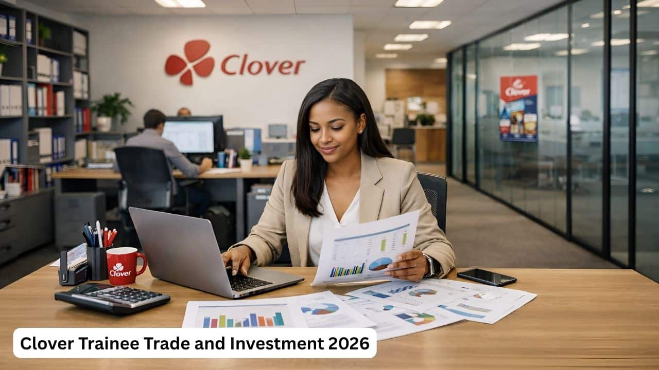 Young South African graduate working on trade and investment reporting in a Clover office environment