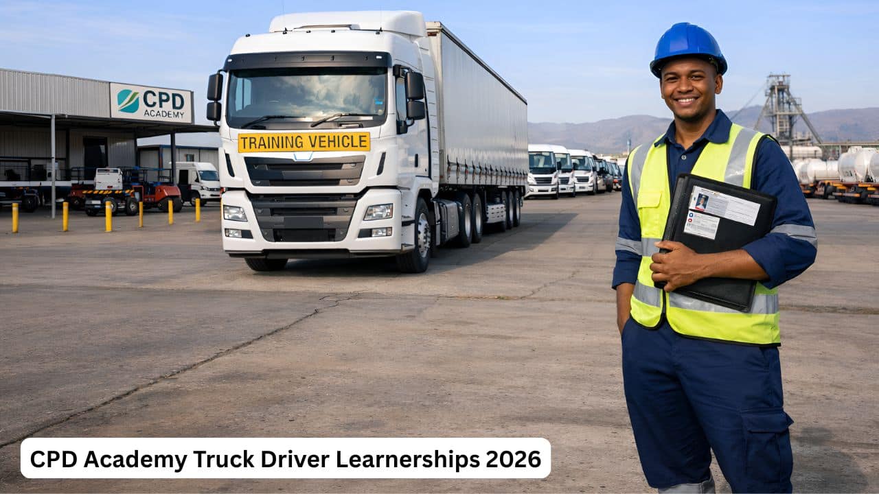 South African truck driver learnership candidate standing next to a training truck at a logistics depot