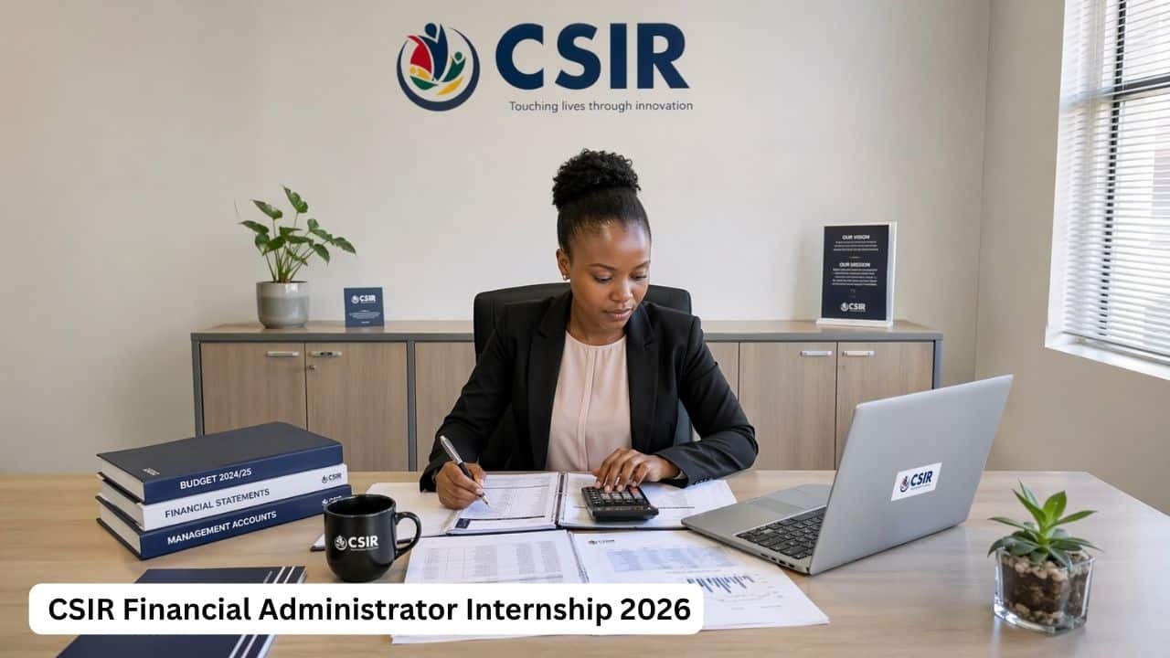 Young South African finance graduate working in a financial administrator internship office setting at CSIR