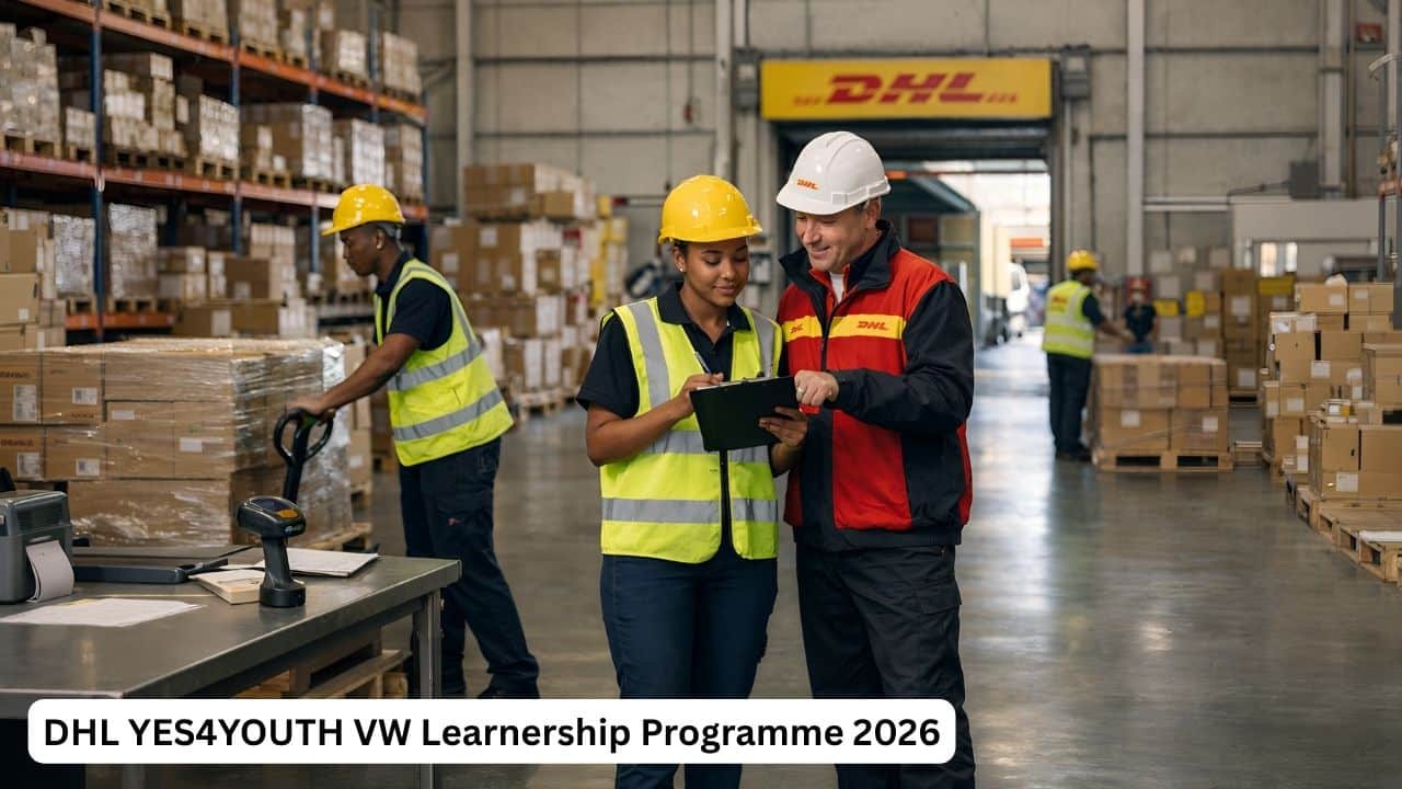 Young South African logistics learners working in a warehouse during a DHL YES4YOUTH opportunity