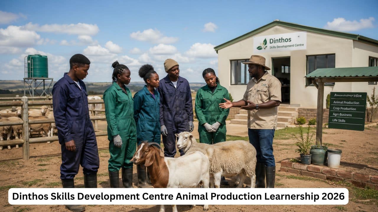 Young South African learners taking part in animal production training through Dinthos Skills Development Centre.
