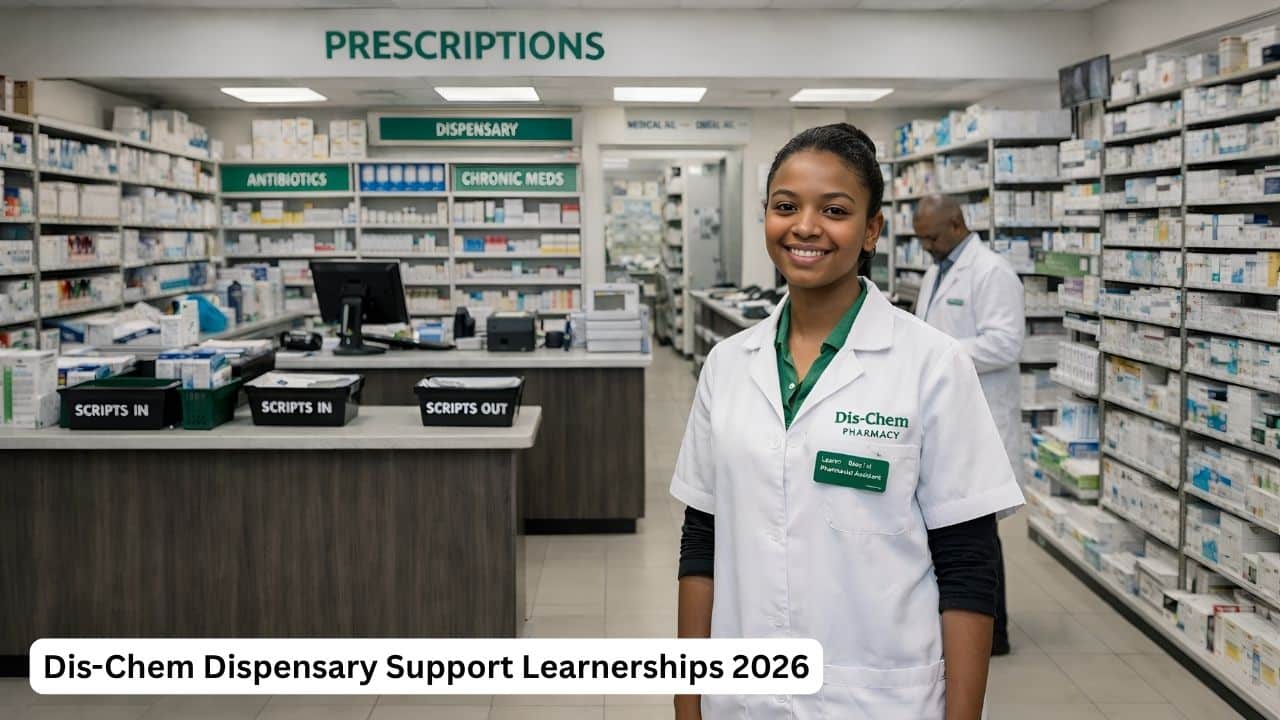 Young South African learner in a Dis-Chem-style pharmacy dispensary environment for the 2026 Dispensary Support learnership