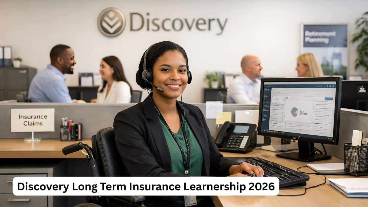 Young South African corporate learner with a disability working in a financial services office during the Discovery learnership