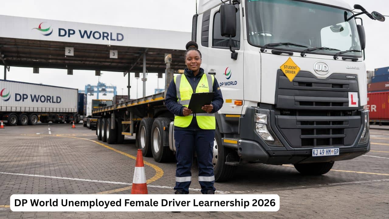 South African female learner driver beside a heavy-duty truck during logistics training