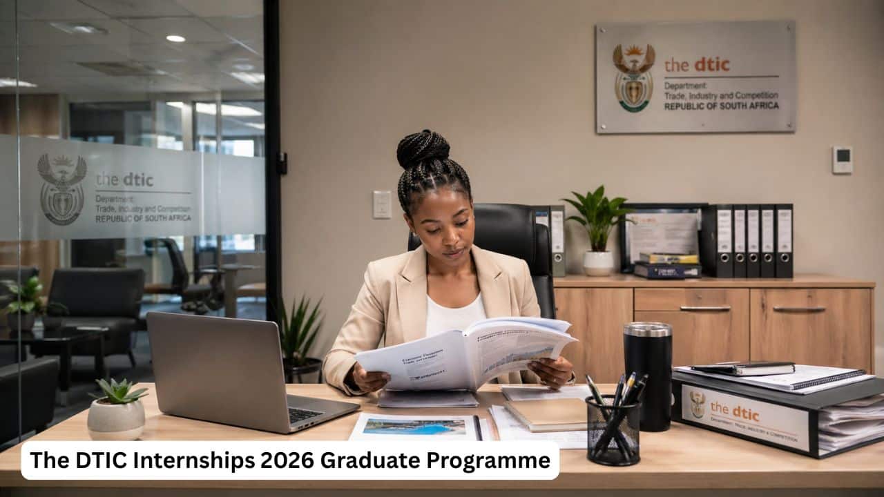 Young South African graduate intern reviewing government reports and spreadsheets during The DTIC internship programme.