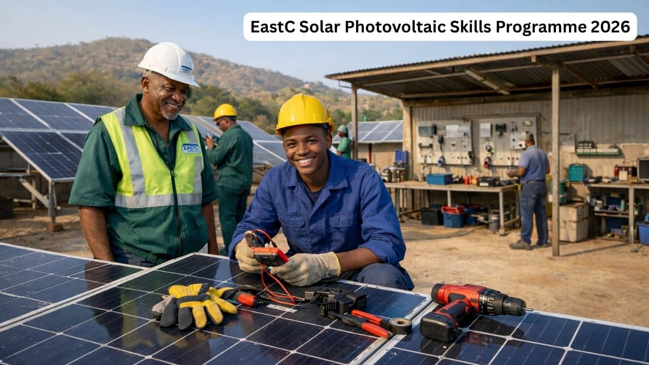 Young South African trainee learning solar panel installation for the EastC Solar Photovoltaic Skills Programme 2026