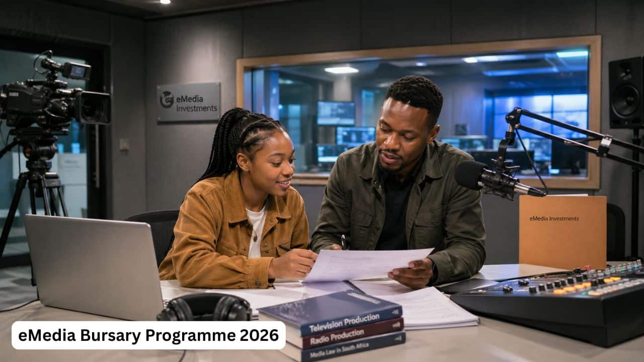 Young South African media student preparing broadcasting study documents for the eMedia Bursary Programme.