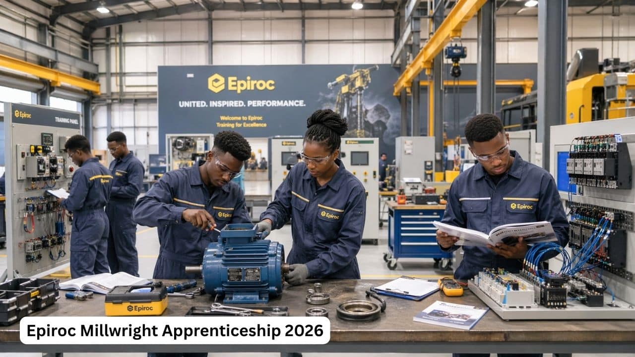 Young South African millwright apprentices receiving technical engineering training in an industrial workshop