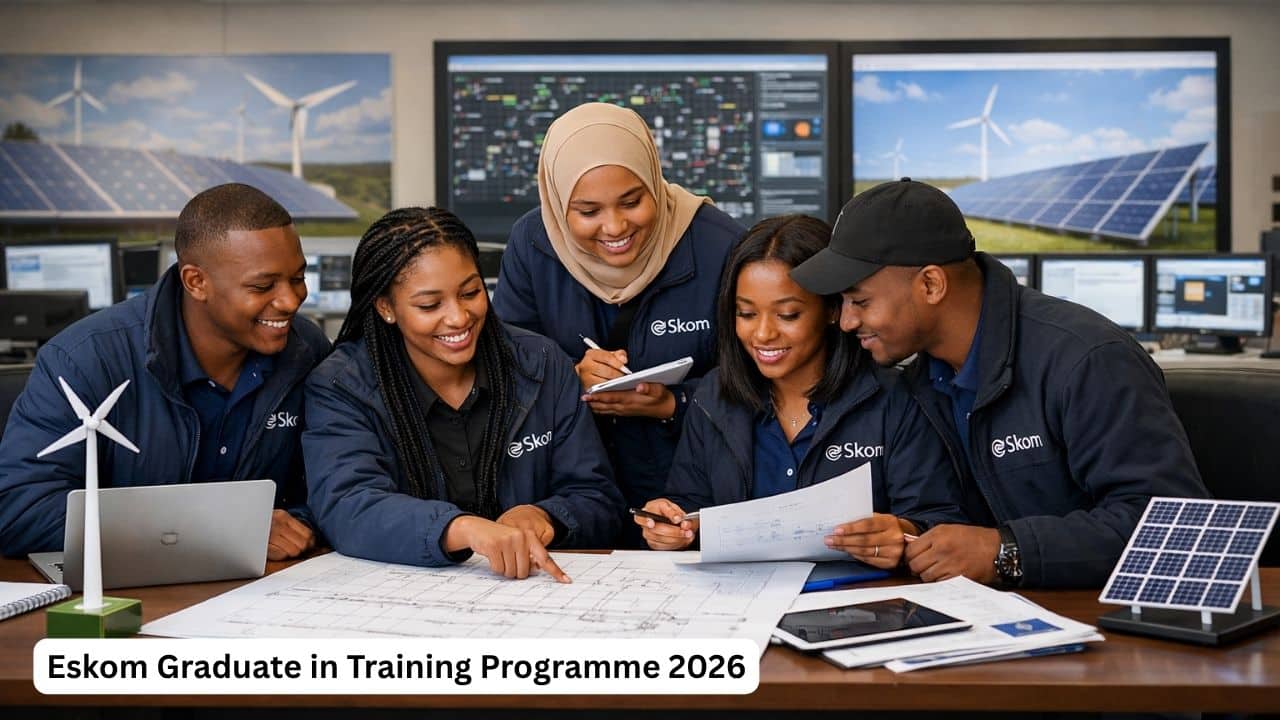 Young South African graduates in a renewable energy workplace during the Eskom Graduate in Training Programme 2026