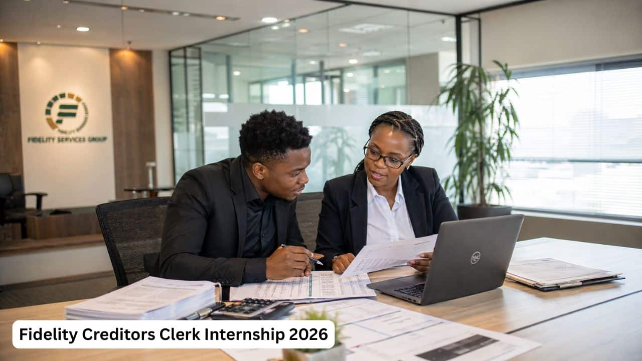 Young South African finance intern reviewing invoices and vendor reconciliations for the Fidelity Creditors Clerk Internship 2026