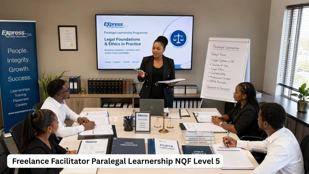 South African paralegal learnership facilitator leading a professional training session