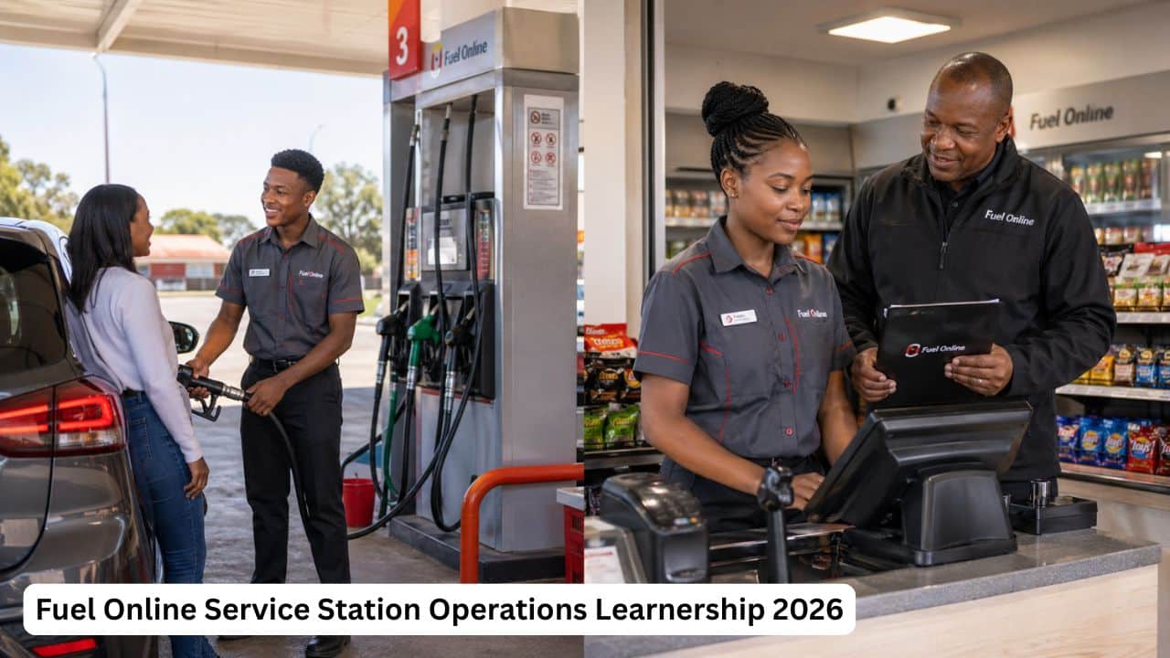 Young South African learners receiving service station operations training through Fuel Online.