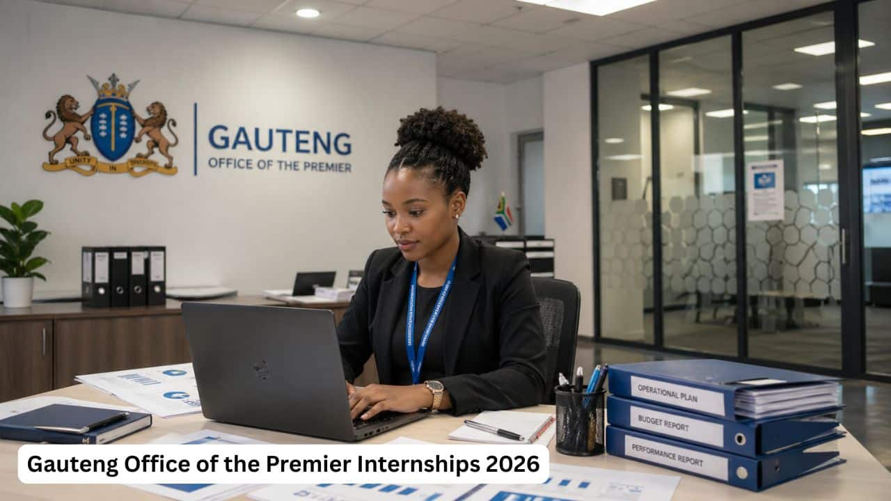 Young South African graduate intern reviewing data and business process reports in a government office.