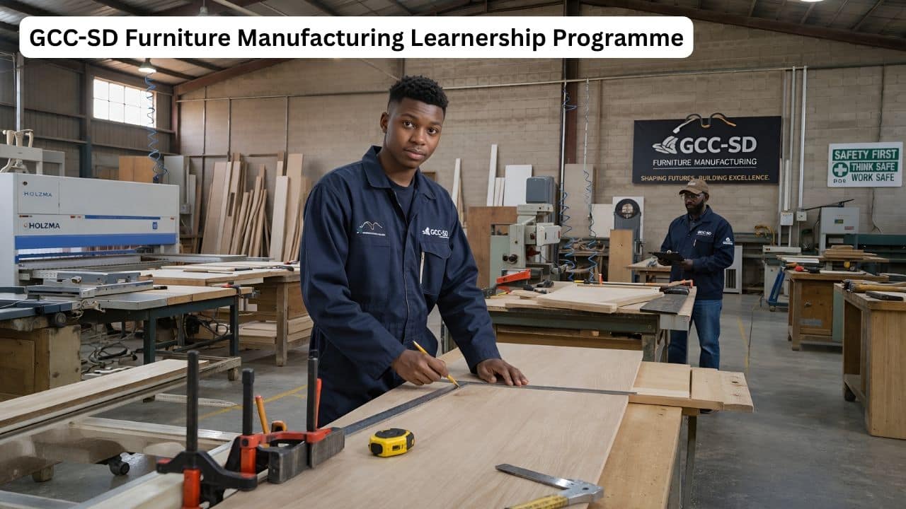GCC-SD furniture manufacturing learnership candidate in a professional workshop environment