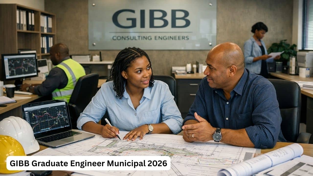Graduate civil engineer reviewing municipal infrastructure plans in a professional engineering office