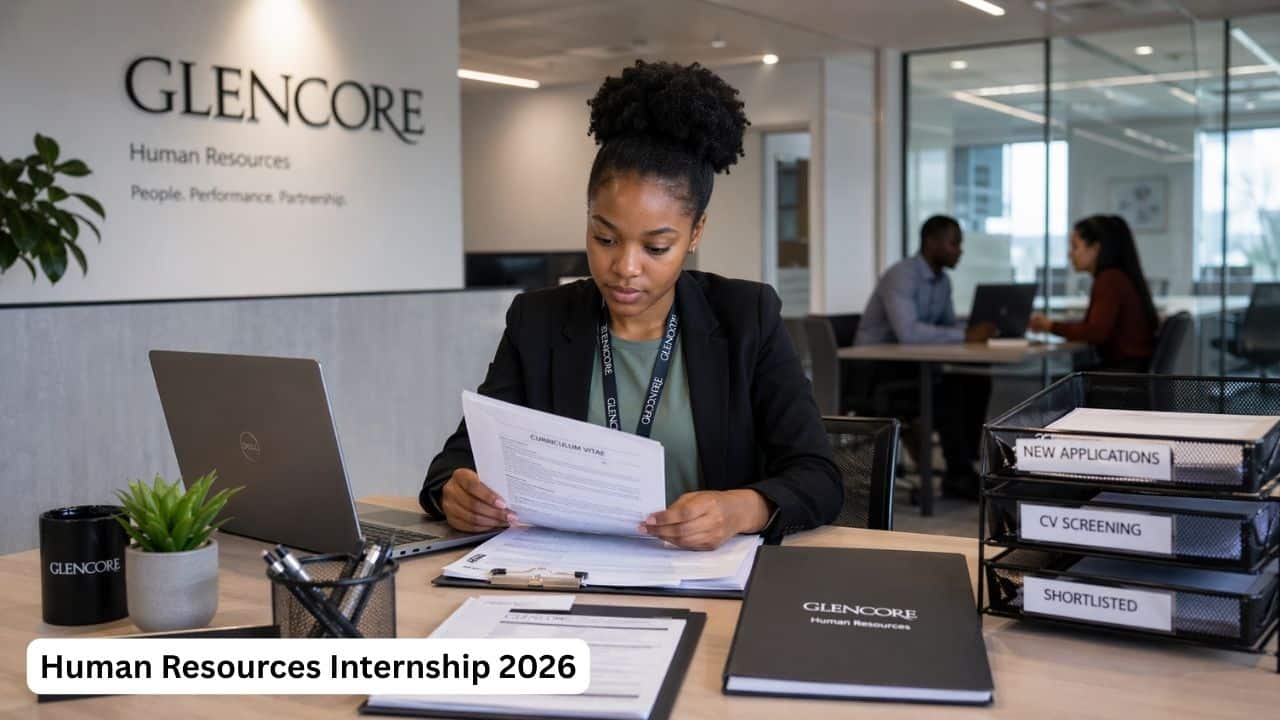 Young South African HR intern working at a desk with recruitment and HR documents during a Glencore internship