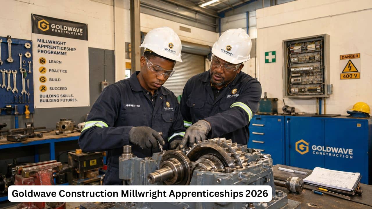 Young South African millwright apprentice learning machinery maintenance in a construction engineering workshop.