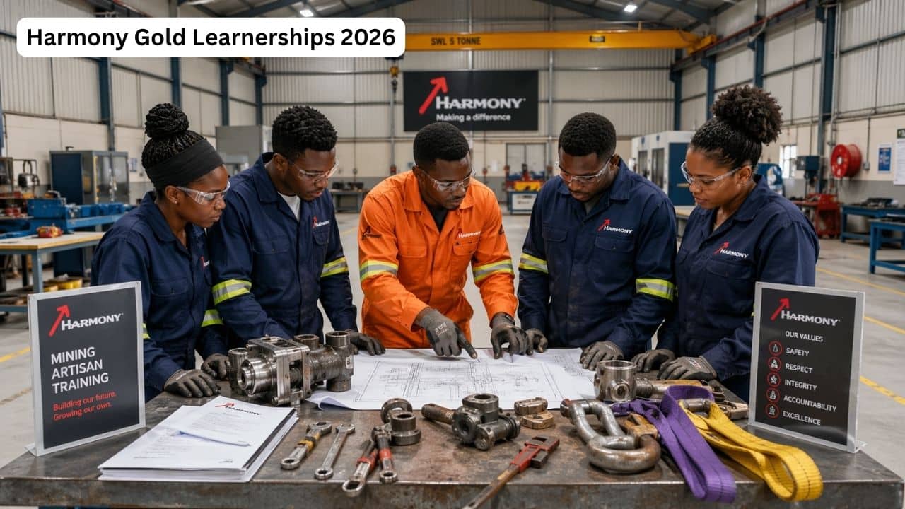 Young South African artisan learners in a Harmony Gold mining training environment preparing for technical trade careers