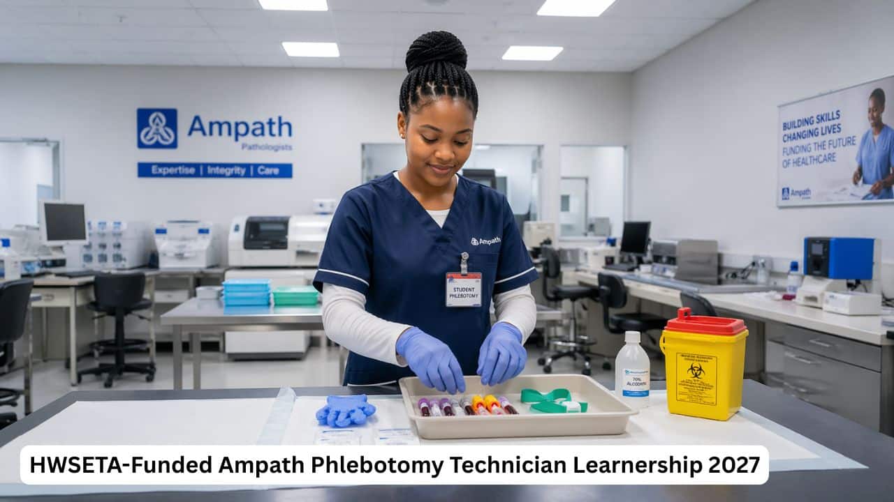 South African phlebotomy trainee in a medical training setting during a HWSETA-funded Ampath learnership