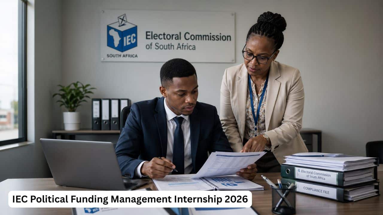 Young South African accounting graduate reviewing compliance and finance documents during the IEC Political Funding Management Internship.