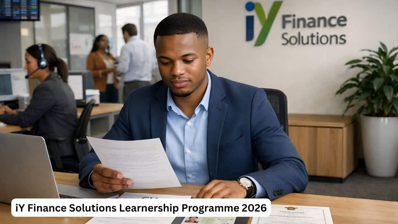 Young South African candidate preparing documents for the iY Finance Solutions Learnership Programme in an office setting