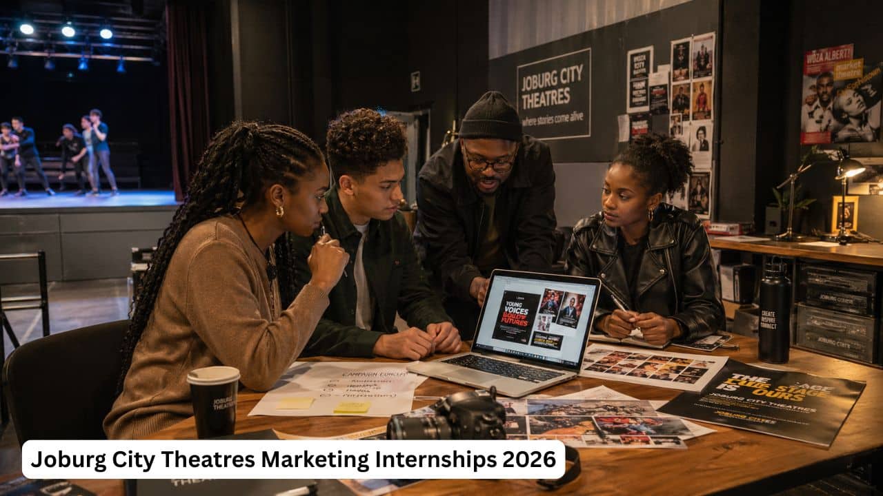 Young South African marketing interns creating digital content inside a theatre environment for Joburg City Theatres.