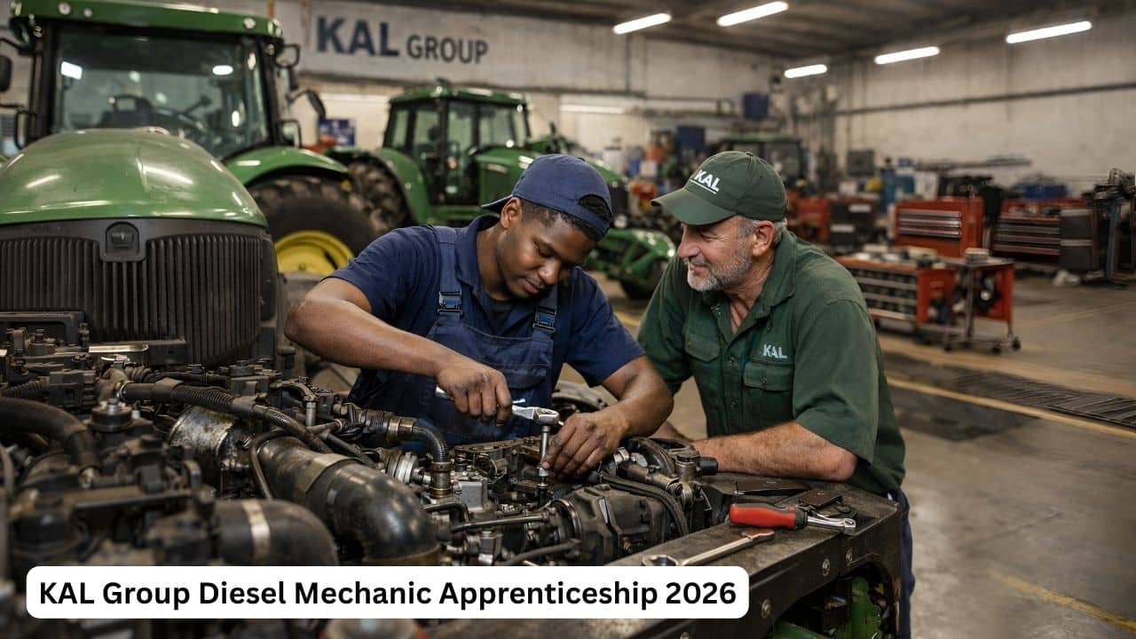 Young South African diesel mechanic apprentice training on agricultural machinery