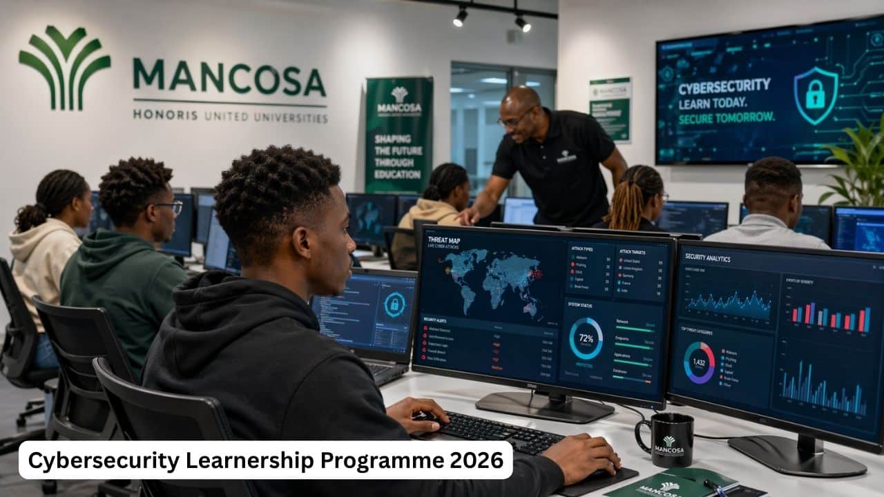 Young South African learners in a cybersecurity training environment during the MANCOSA Cybersecurity Learnership Programme 2026