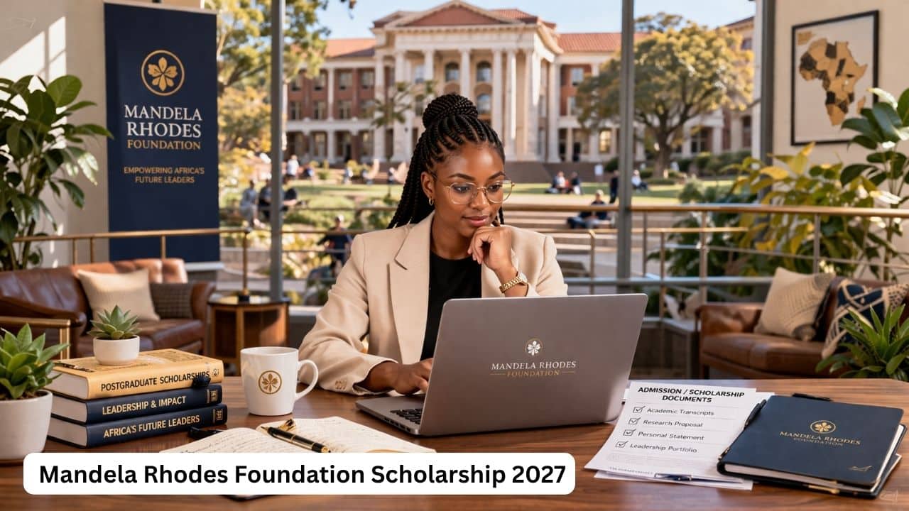 African postgraduate student preparing Mandela Rhodes Foundation Scholarship application in a university study environment
