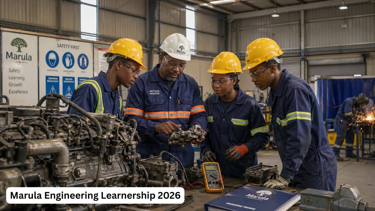 Young South African engineering learners training with artisan mentors in a Marula mining workshop