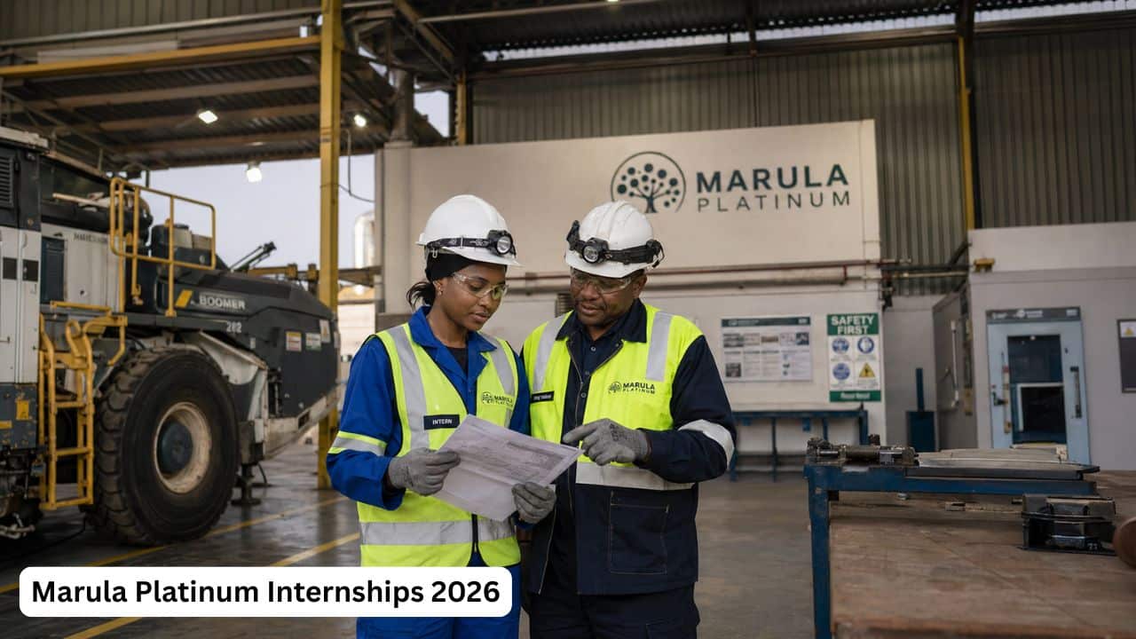 Young South African mining intern receiving workplace training during a Marula Platinum internship programme.