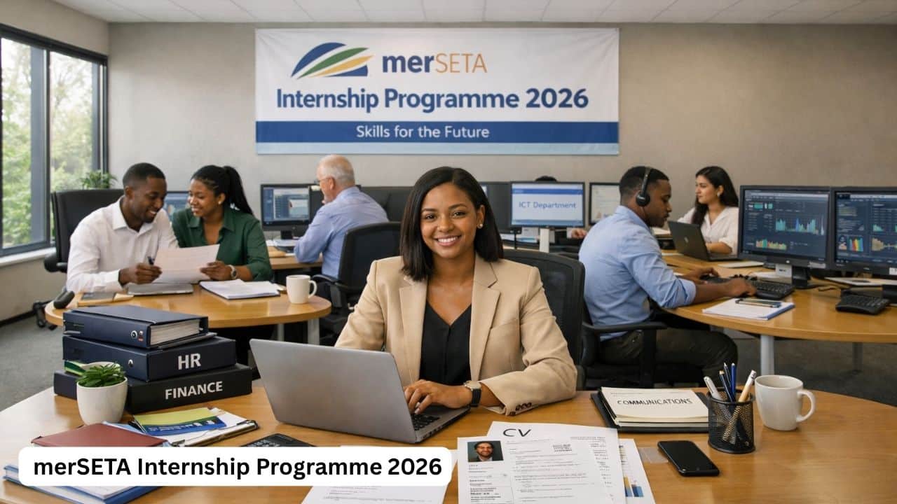 South African graduate preparing documents for the merSETA Internship Programme 2026 in a professional internship setting