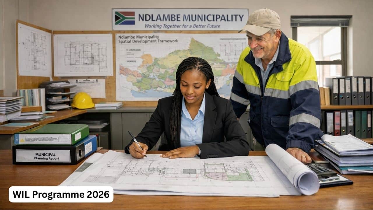 South African student reviewing construction and town planning documents in a municipal office for the Ndlambe Municipality WIL Programme 2026