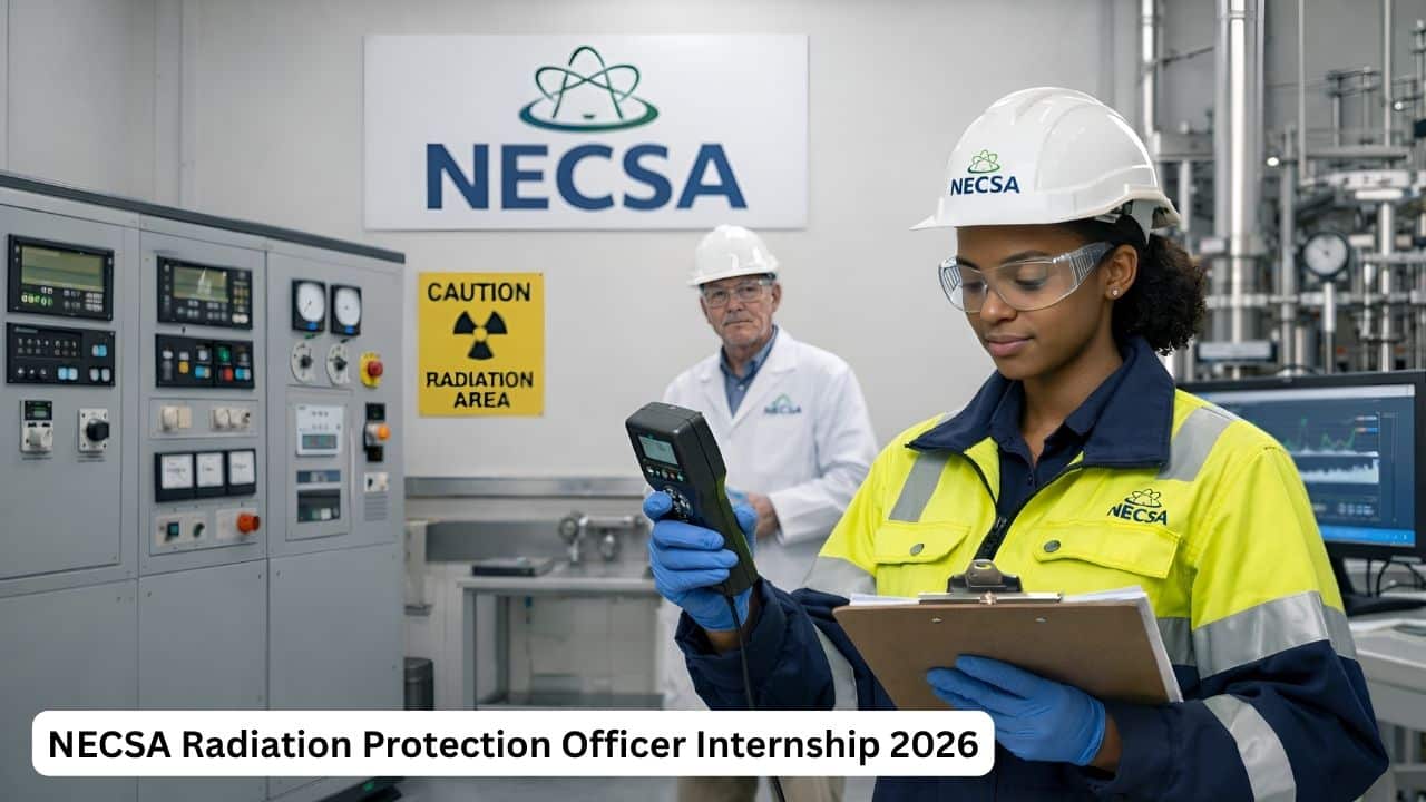 Young South African intern checking radiation monitoring equipment in a controlled technical environment