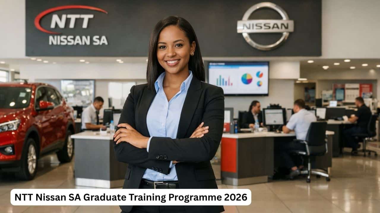 NTT Nissan SA graduate trainee in a dealership showroom with vehicles and business operations visible