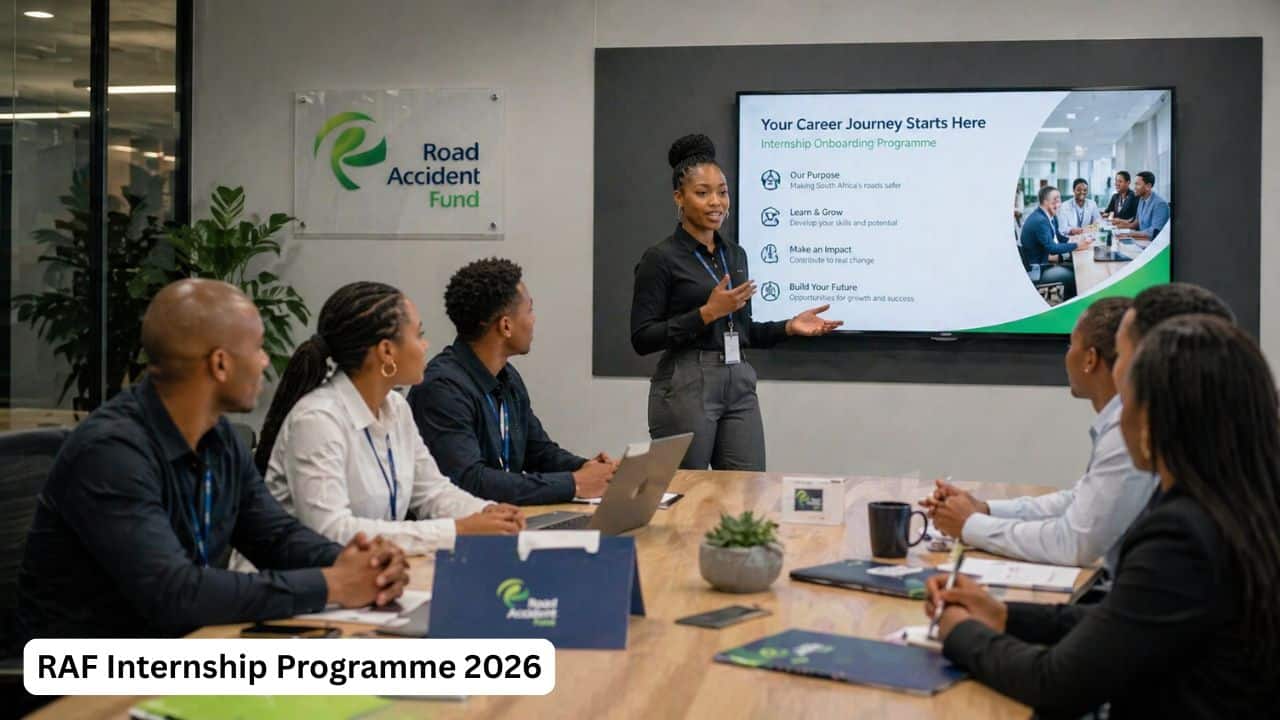 Young South African graduates attending a Road Accident Fund internship onboarding session in a professional office