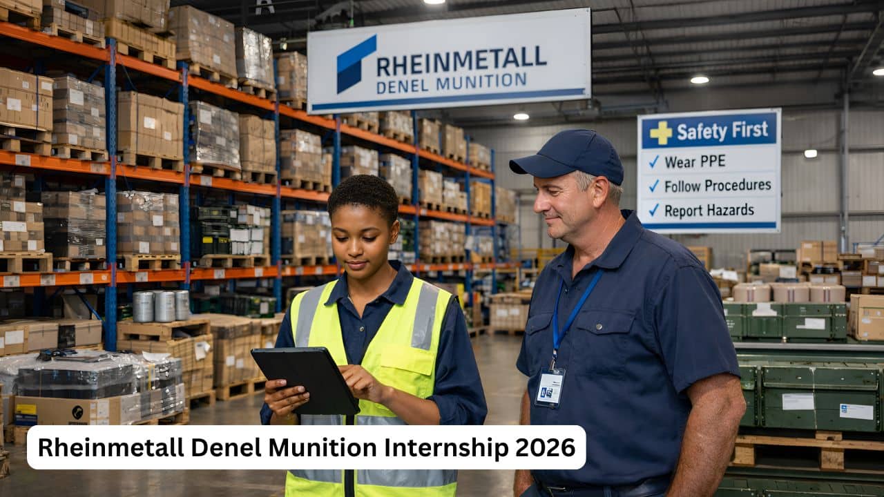 Young South African logistics and warehousing intern checking stock in an industrial warehouse