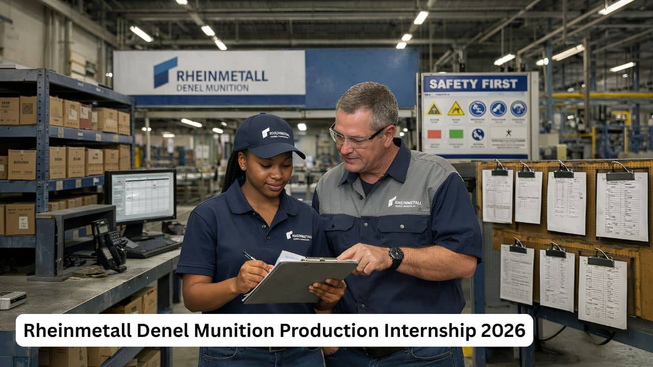 Young South African production intern reviewing stock and production records in an industrial workplace