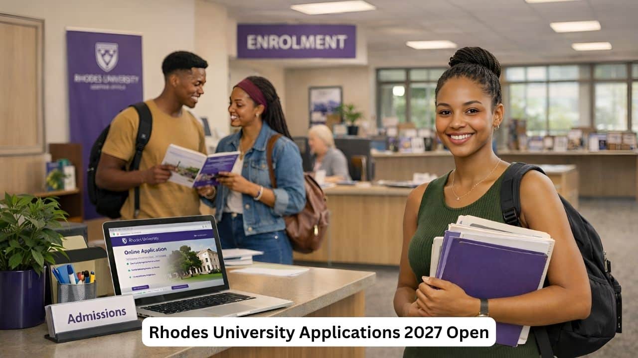South African students preparing Rhodes University 2027 online application documents on campus