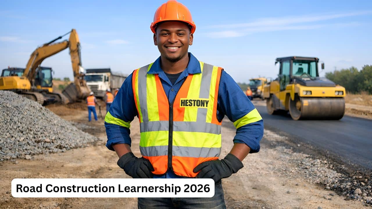 Young road construction trainee in safety gear at a roadworks site for the Road Construction Learnership 2026 in South Africa